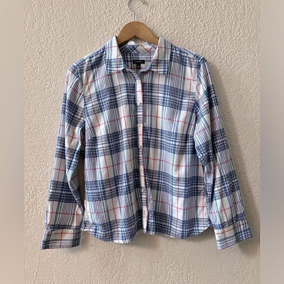 Talbots Button Down Plaid Shirt Size Large 100% Cotton White Blue Red - Picture 2 of 8